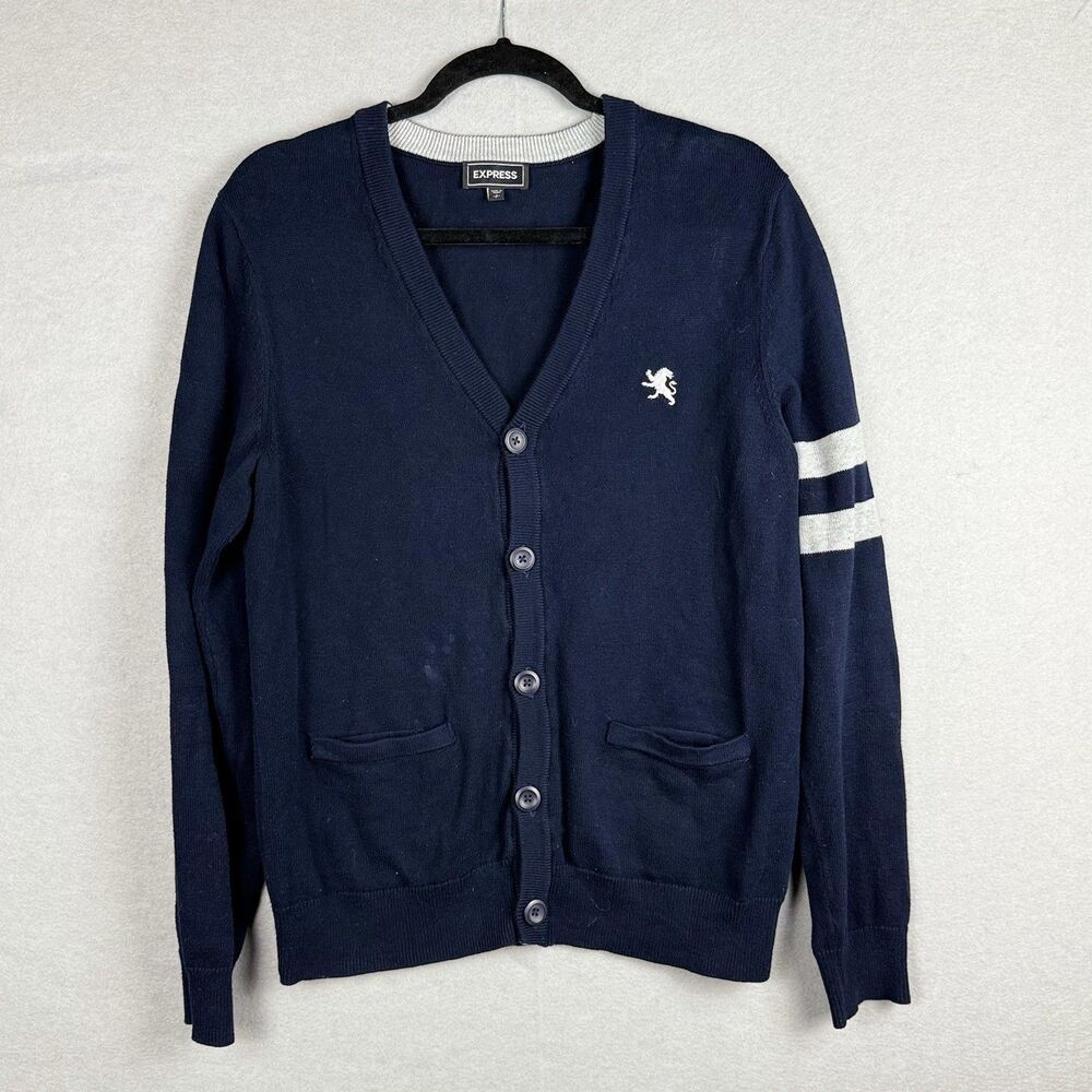 Express Cardigan Sweater Mens S‎ Navy Gray Casual Preppy Ivy Normcore Varsity